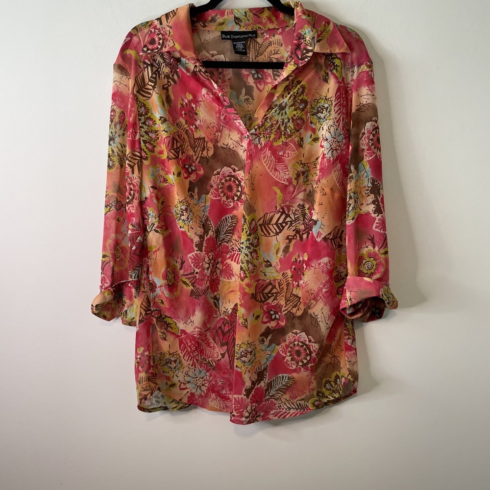Blue Diamond Plus 18W Floral Blouse Pink Coral 3/4 Sleeve Boho Tunic Top